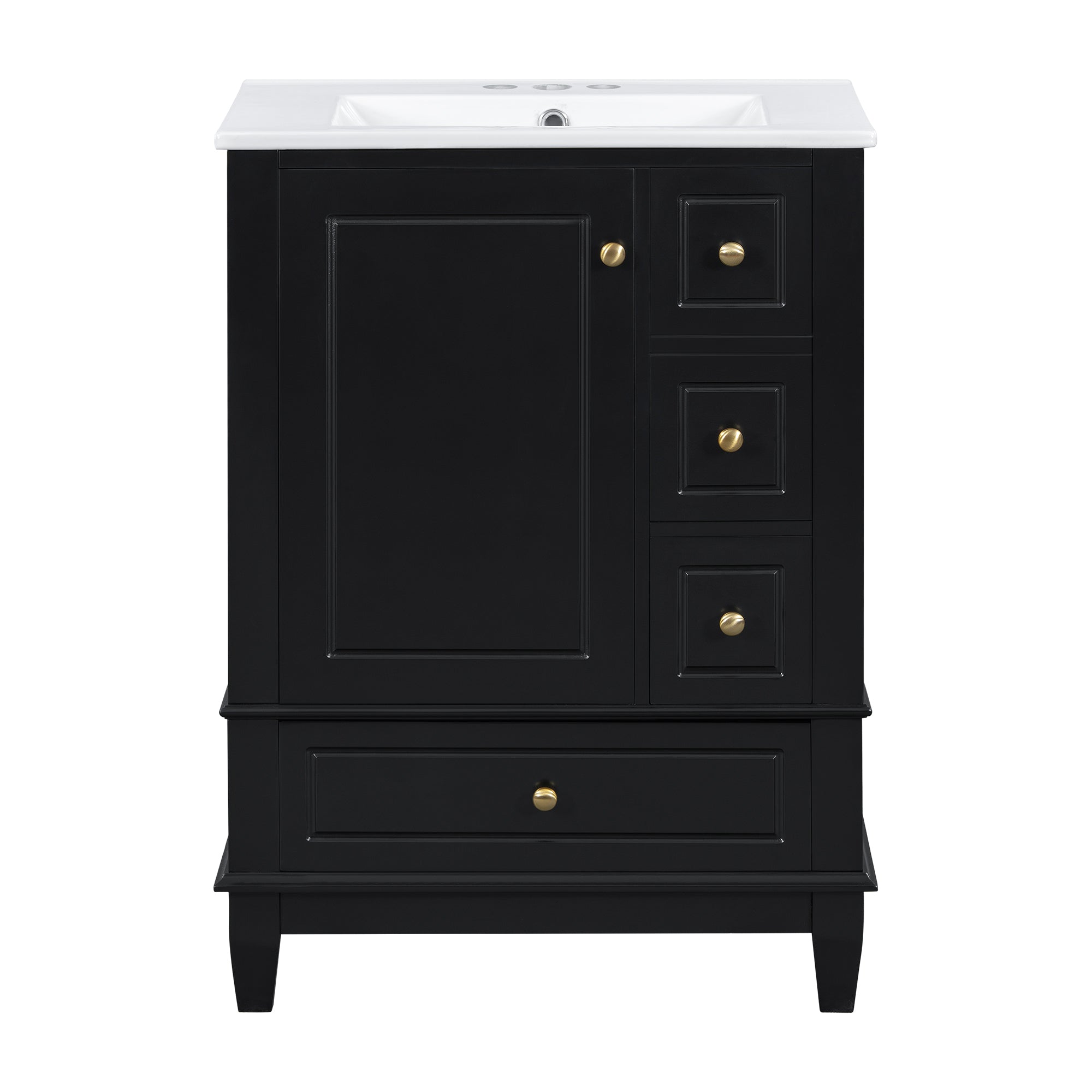 VanityFus 24-in Black Bathroom Vanity Single Sink Combo Ceramic Top 1 Soft Close Door 3 drawers Undermount